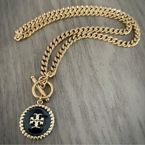 Tory Burch Gold Chain Necklace with Black logo Medallion